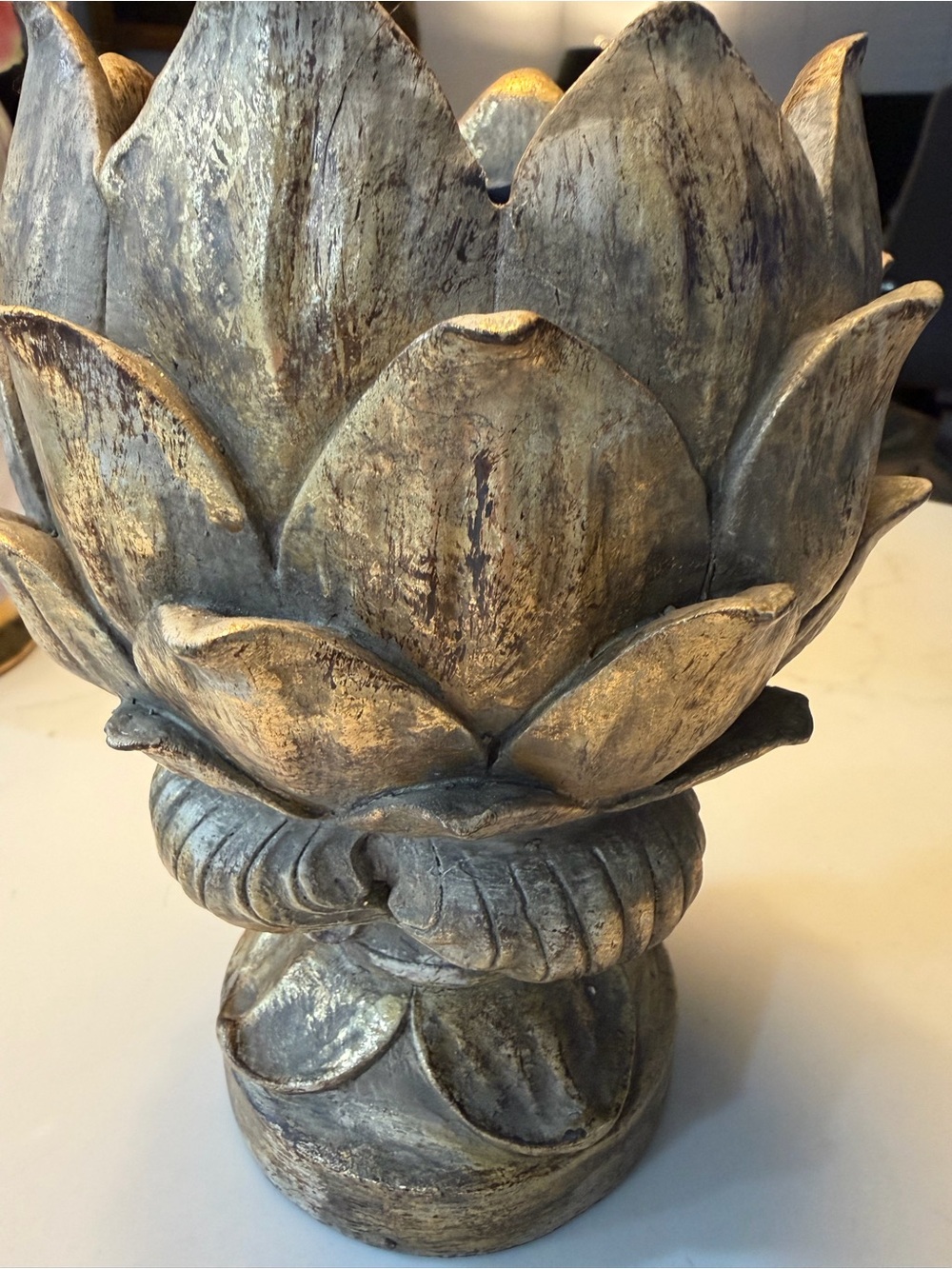 Lotus-Style Pedestal Candle Holder in Gray and Gold